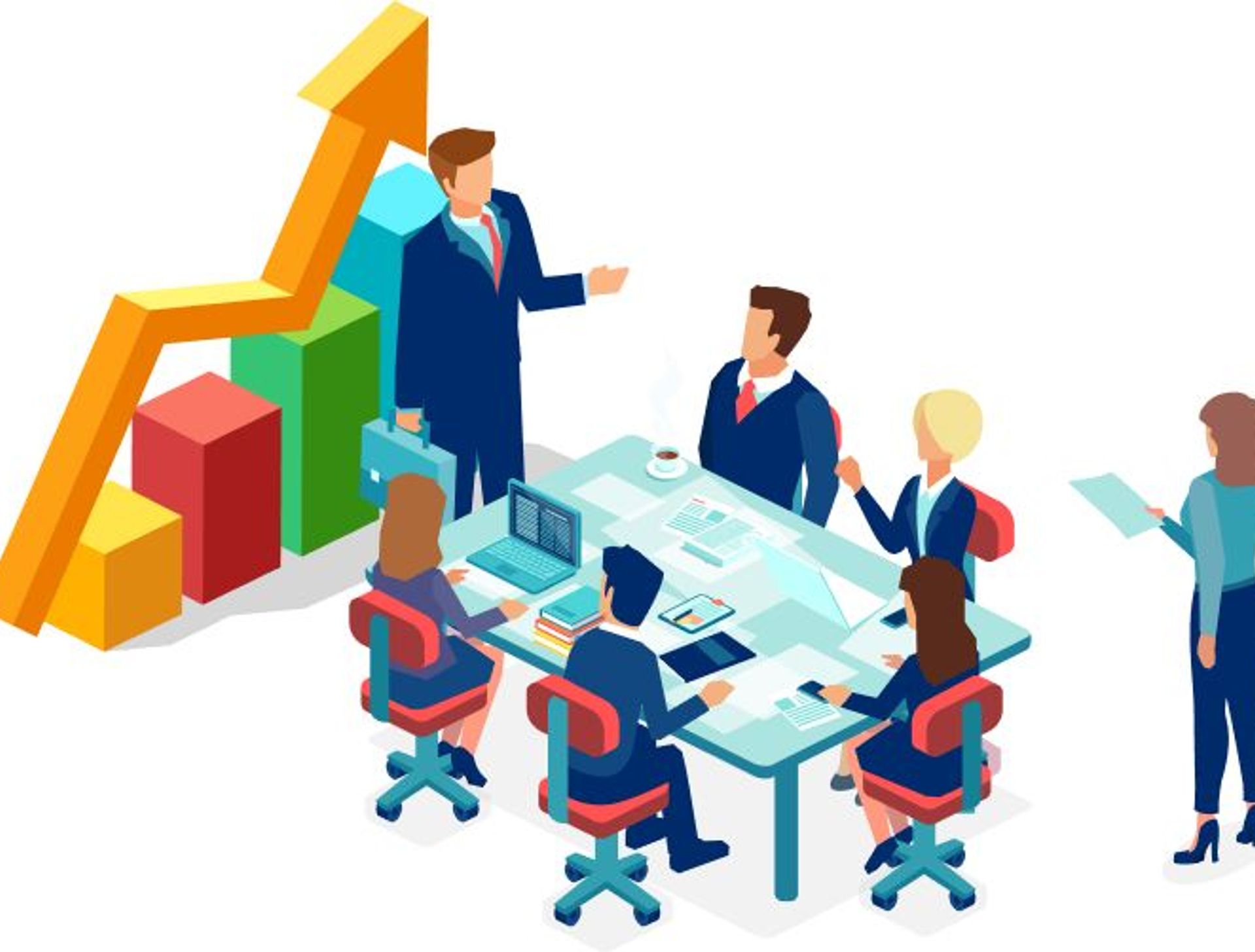 Decorative illustration of a business man instructing business people sitting at a table.