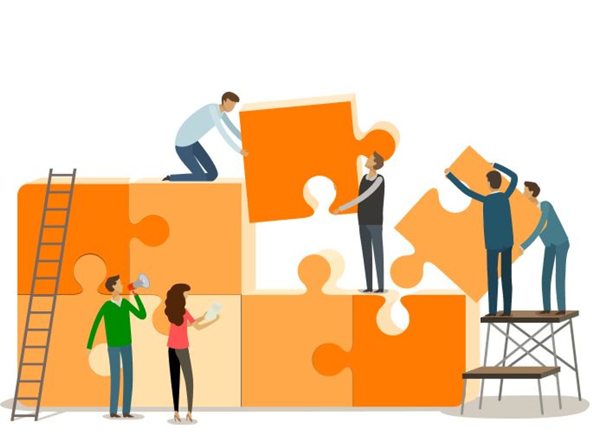 Decorative illustration of business people constructing puzzle pieces so they fit together.