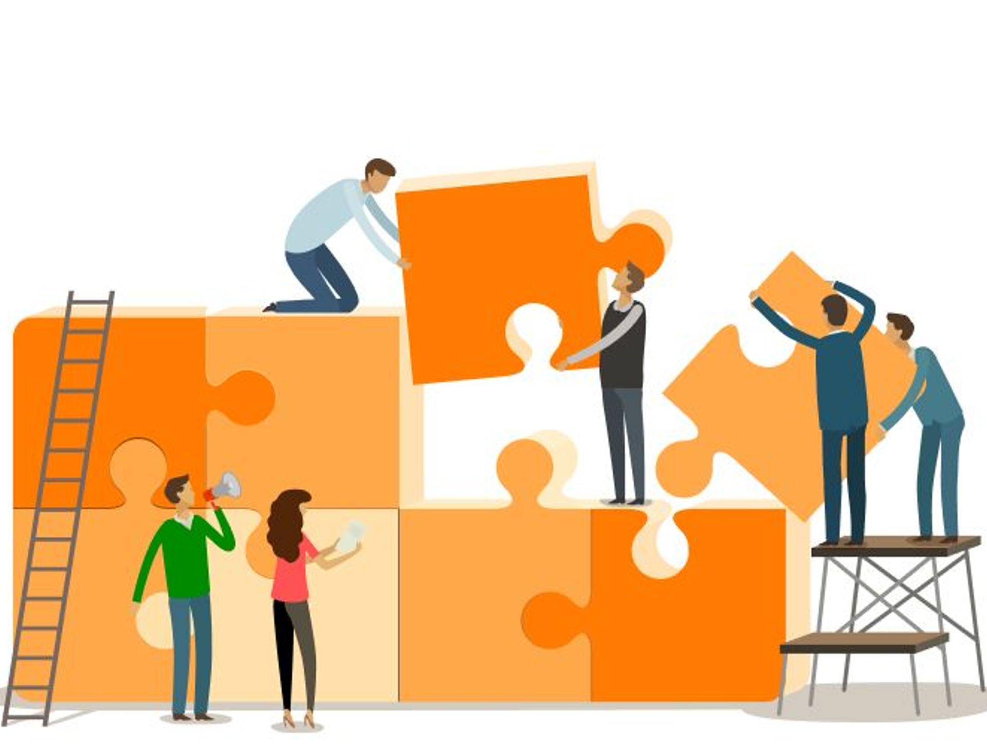 Decorative illustration of business people constructing puzzle pieces so they fit together.