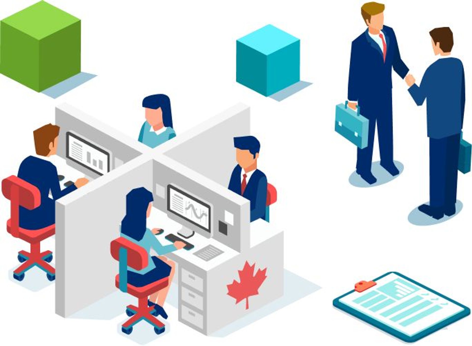 Decorative image of Canadian business people working at cubicles and two business men shaking hands.