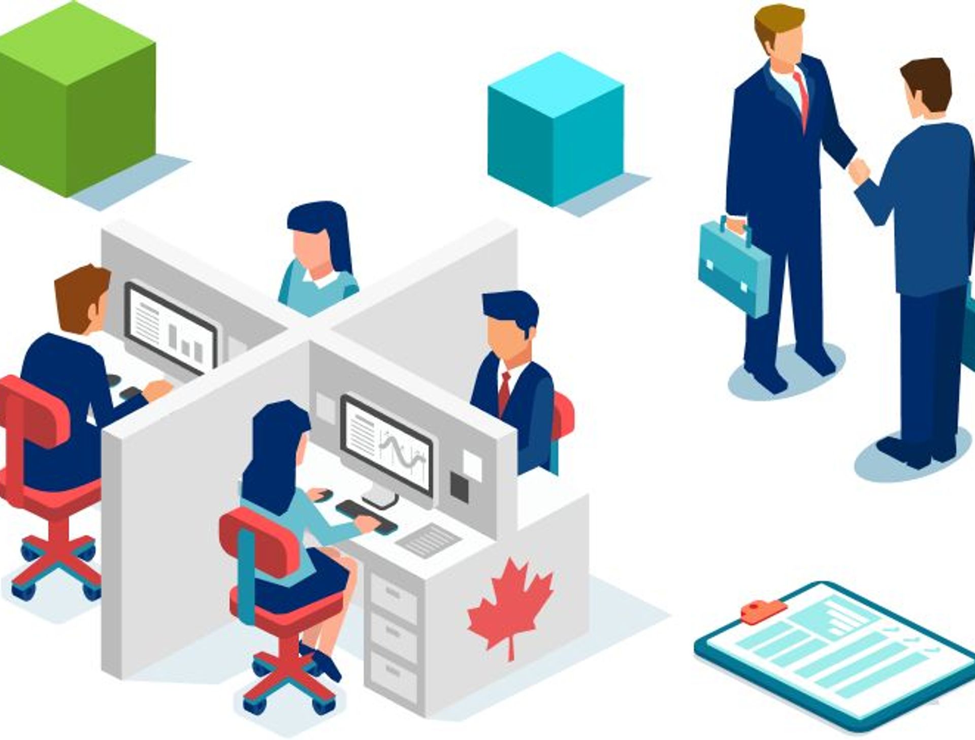 Decorative image of Canadian business people working at cubicles and two business men shaking hands.