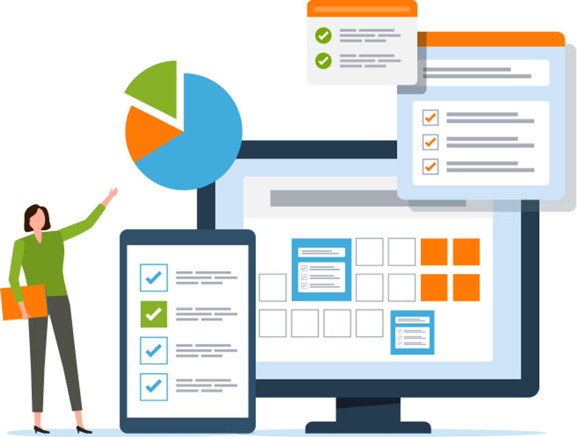 Decorative illustration of business woman pointing at charts and graphs.