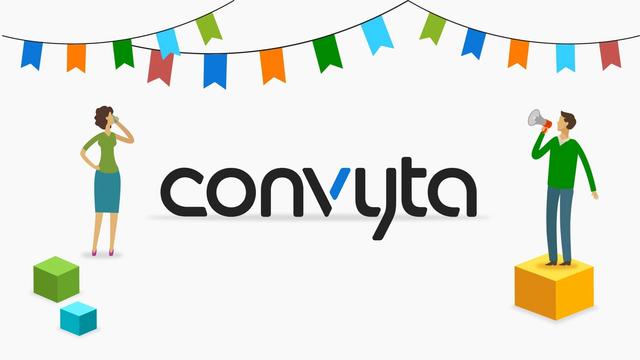 Image of the Convyta logo on a warm black background with a blue shape below it.