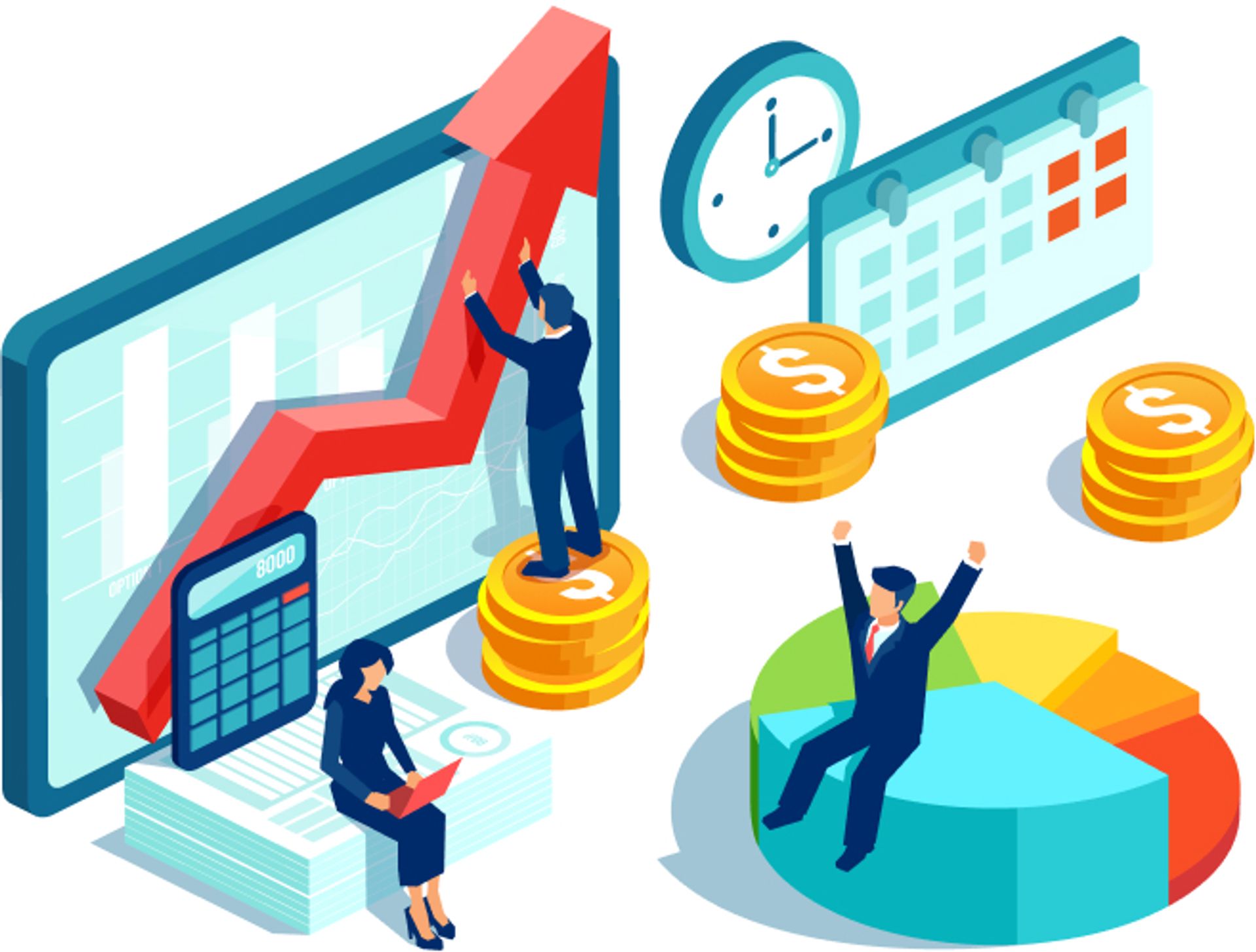 Decorative illustration of business man holding magnifying glass up to chart.
