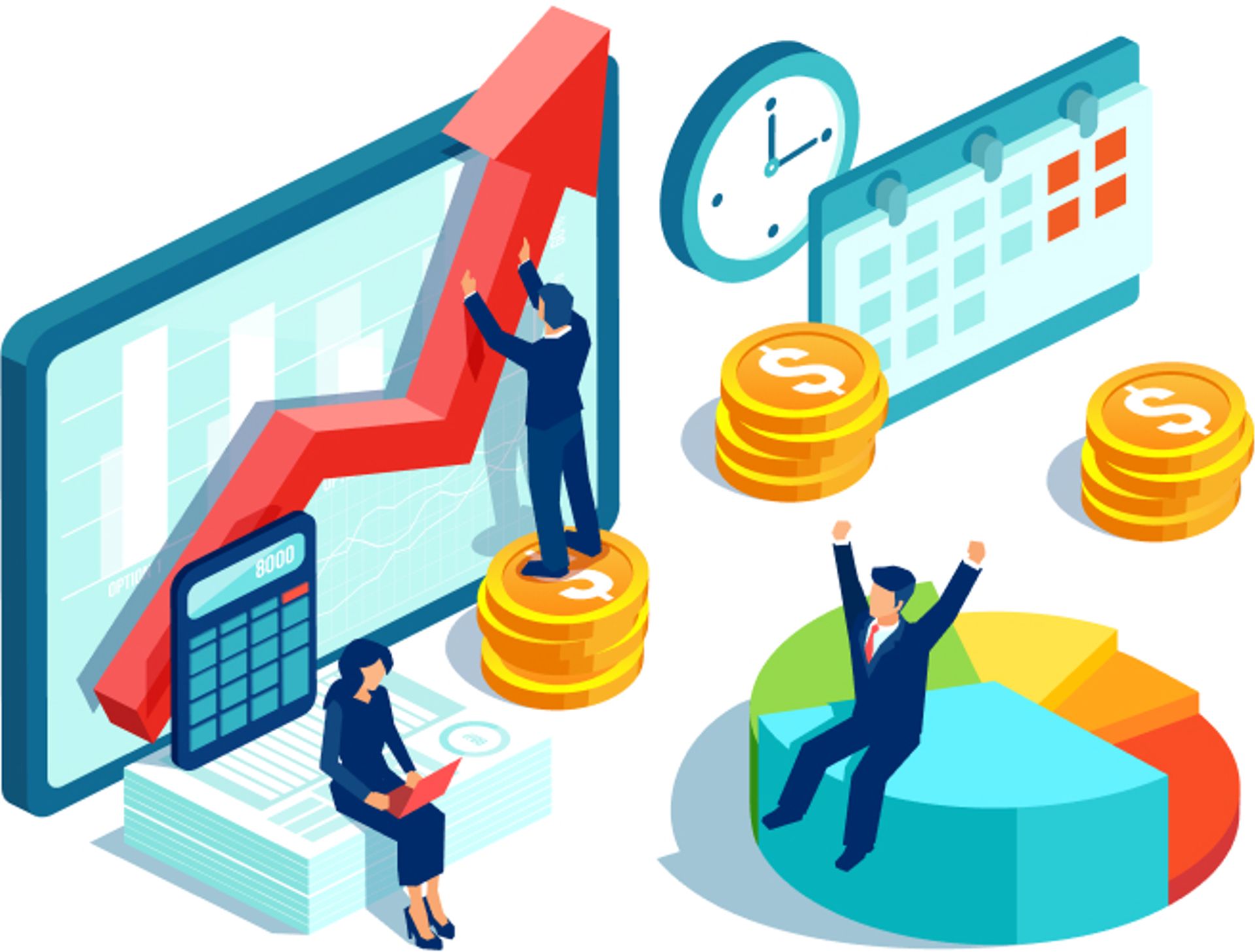 Decorative illustration of business man holding magnifying glass up to chart.