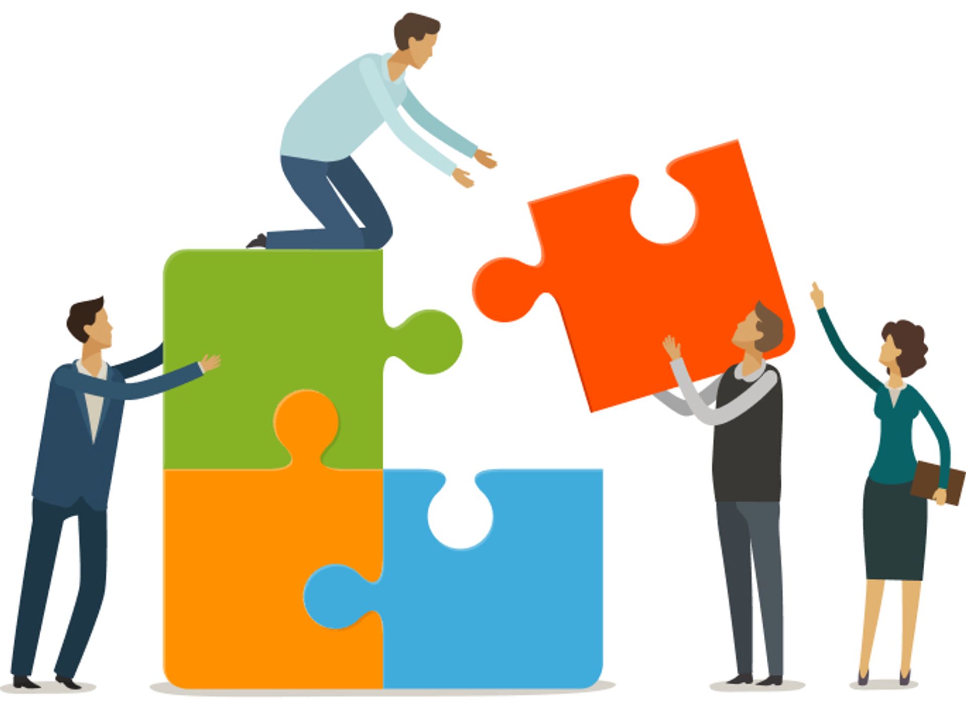 Decorative illustration of business people assembling puzzle pieces. 