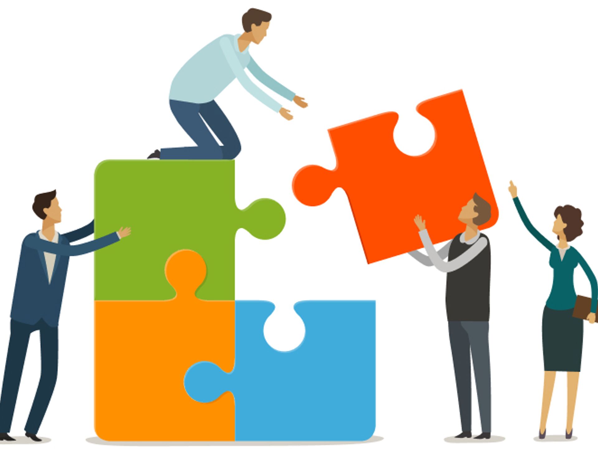 Decorative illustration of business people assembling puzzle pieces.