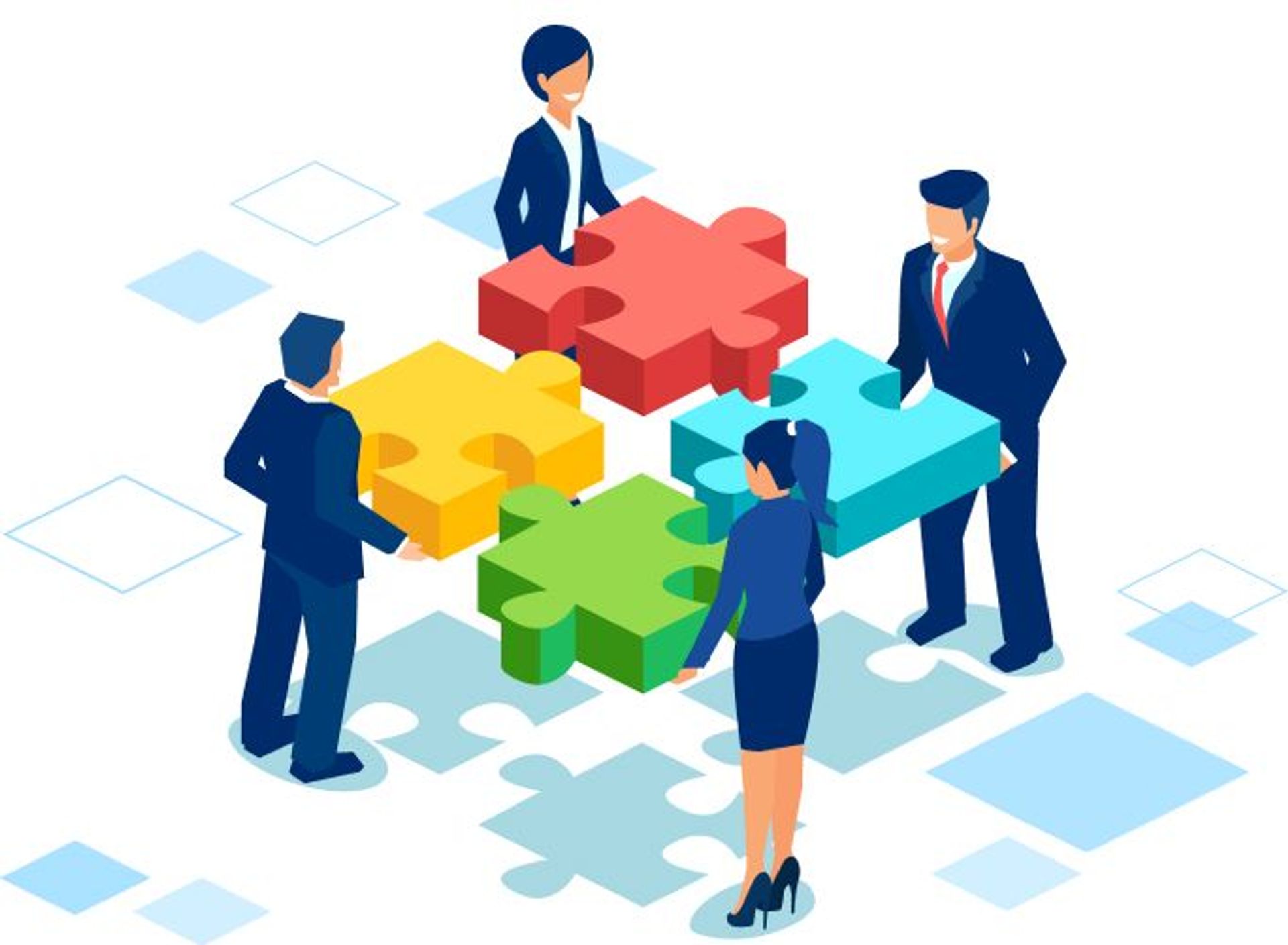 Decorative illustration of four business people holding puzzle pieces to fit together.