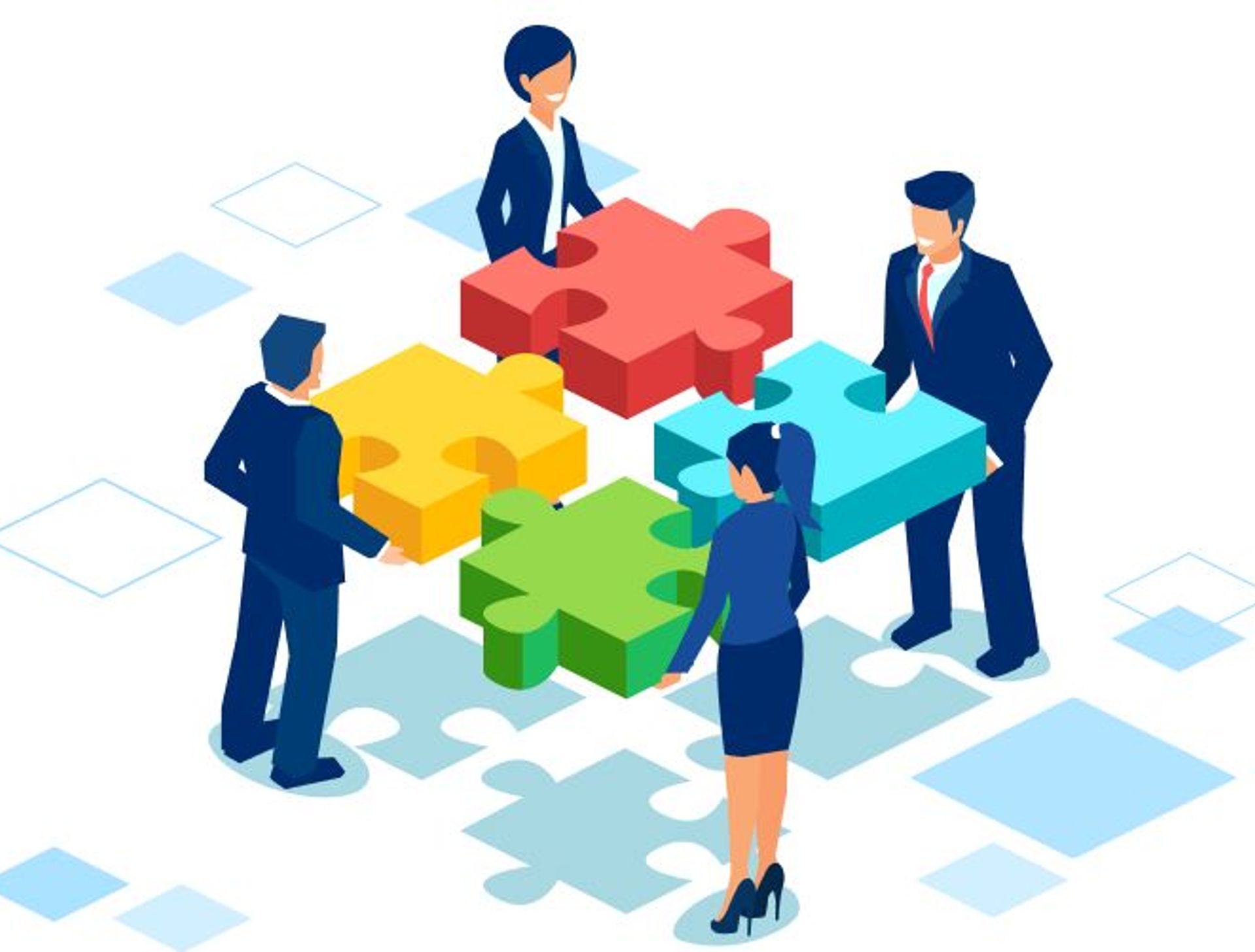 Decorative illustration of four business people holding puzzle pieces to fit together.