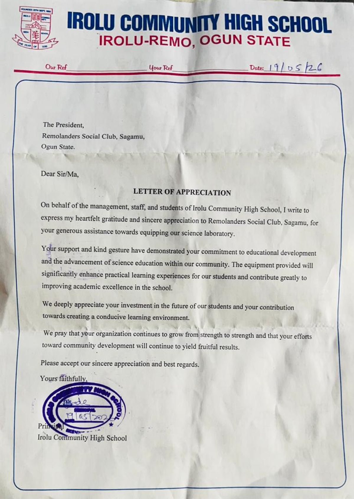 Letter of Appreciation to the Club.