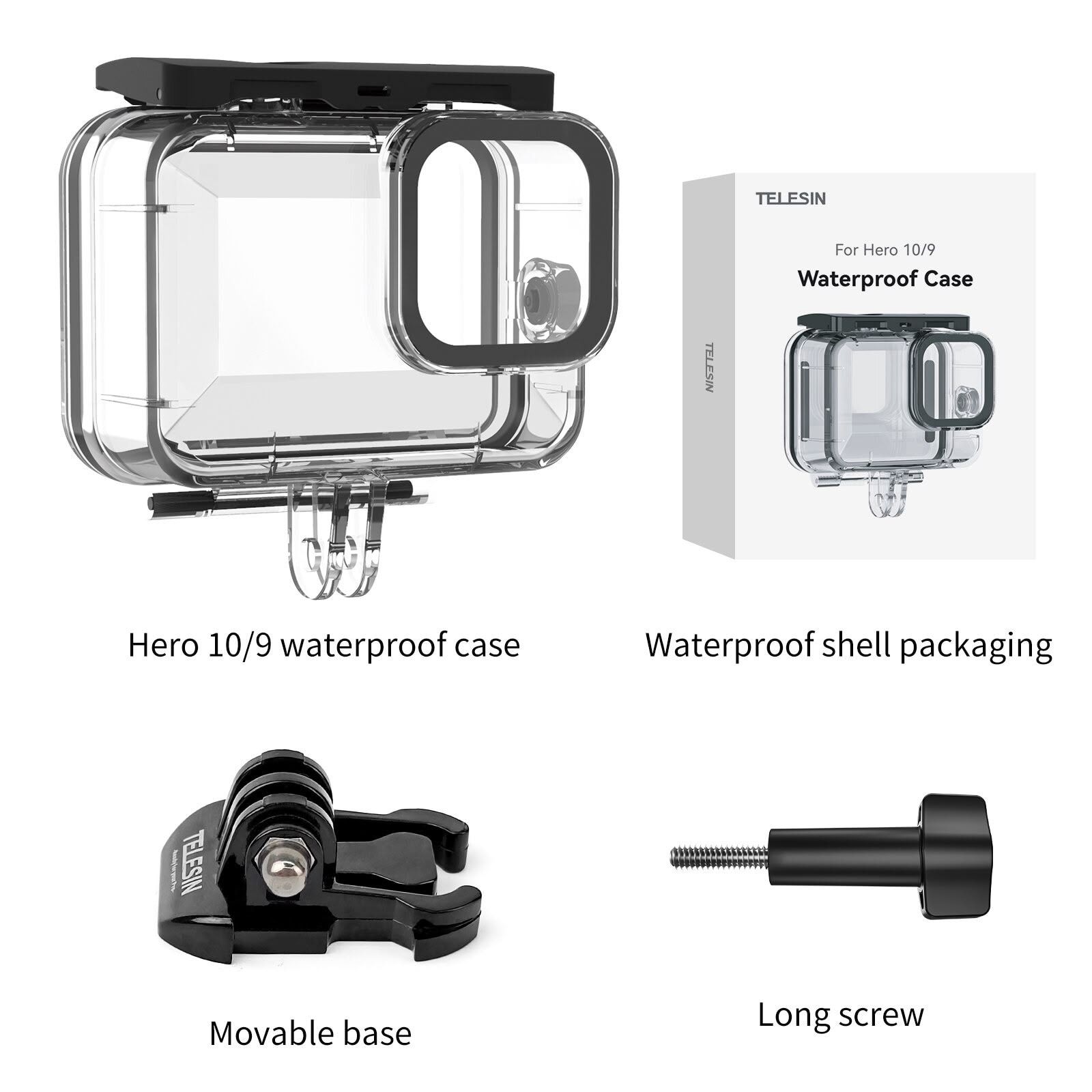 Telesin waterproof case, mount base and screw
