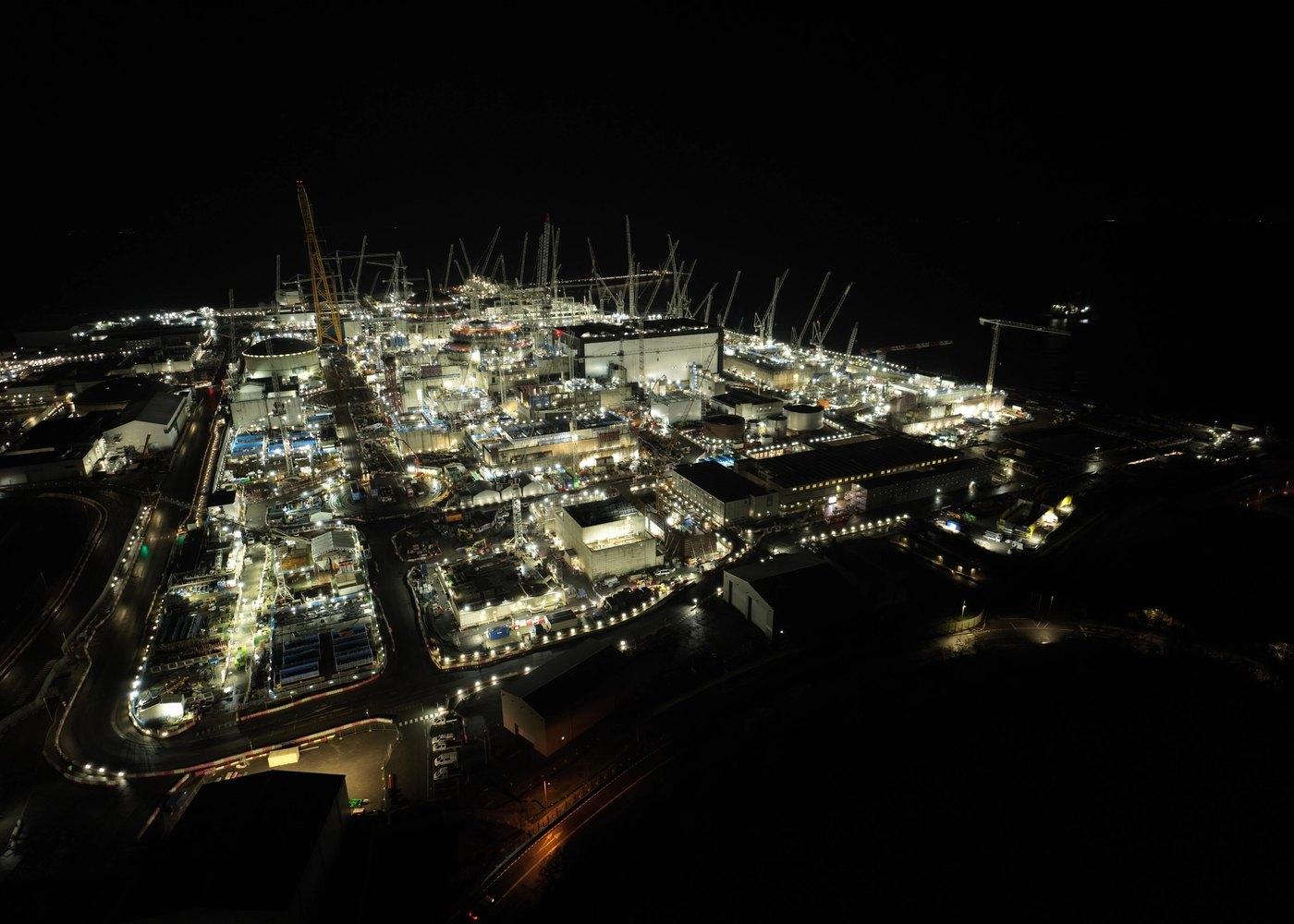 Hinkley Point C at night.