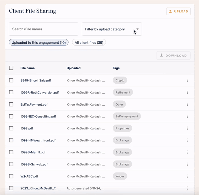 Client file sharing in the Harness portal