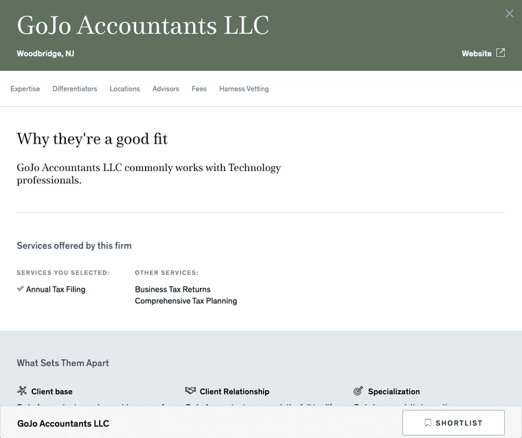 The Expertise section of the Harness Client Portal provides a high-level overview of why a tax firm is a good fit for a client, along with a link to the firm's website.