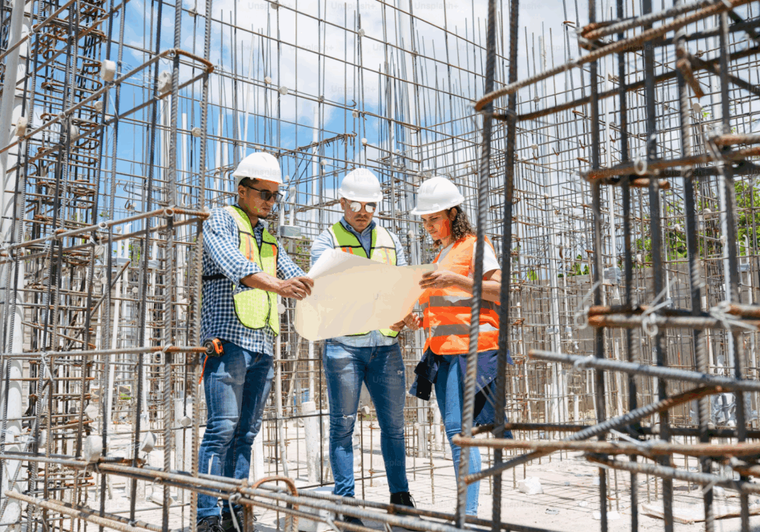 Three construction professionals reviewing blueprints at a building site, symbolizing developers planning energy-efficient projects eligible for green building tax credits in 2025.