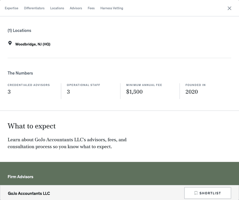 The Locations section of the Harness Client Portal shows where your firm is located, although you can serve clients remotely, along with additional details on the number of advisors and operational staff at your firm.
