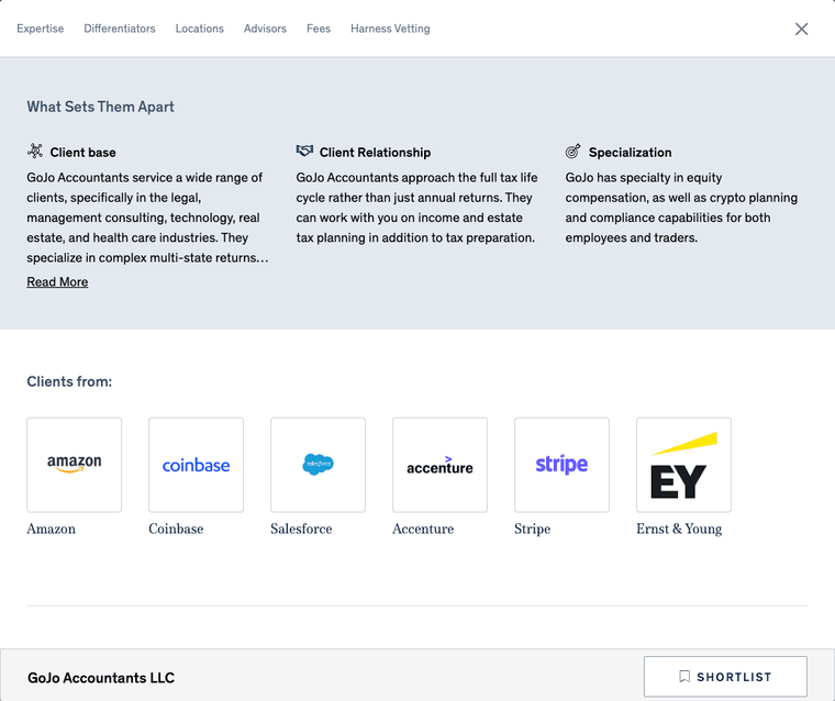 The Differentiators section of the Harness Client Portal shows prospects what sets your firm apart from other firms, including how you operate and the logos of the companies that your clients work at.