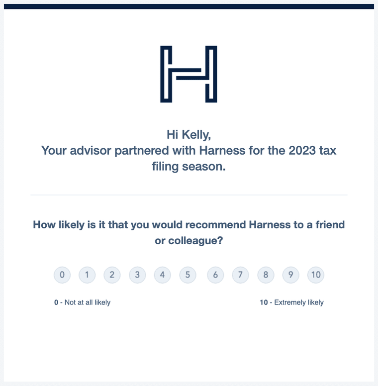 Sample tax client NPS survey from Harness