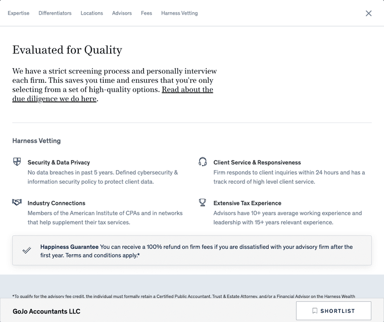The Harness Vetting section of the Harness Client Portal is a reminder to prospective clients that your firm was carefully vetted by the Harness team to meet the demanding needs of clients looking for comprehensive tax services.