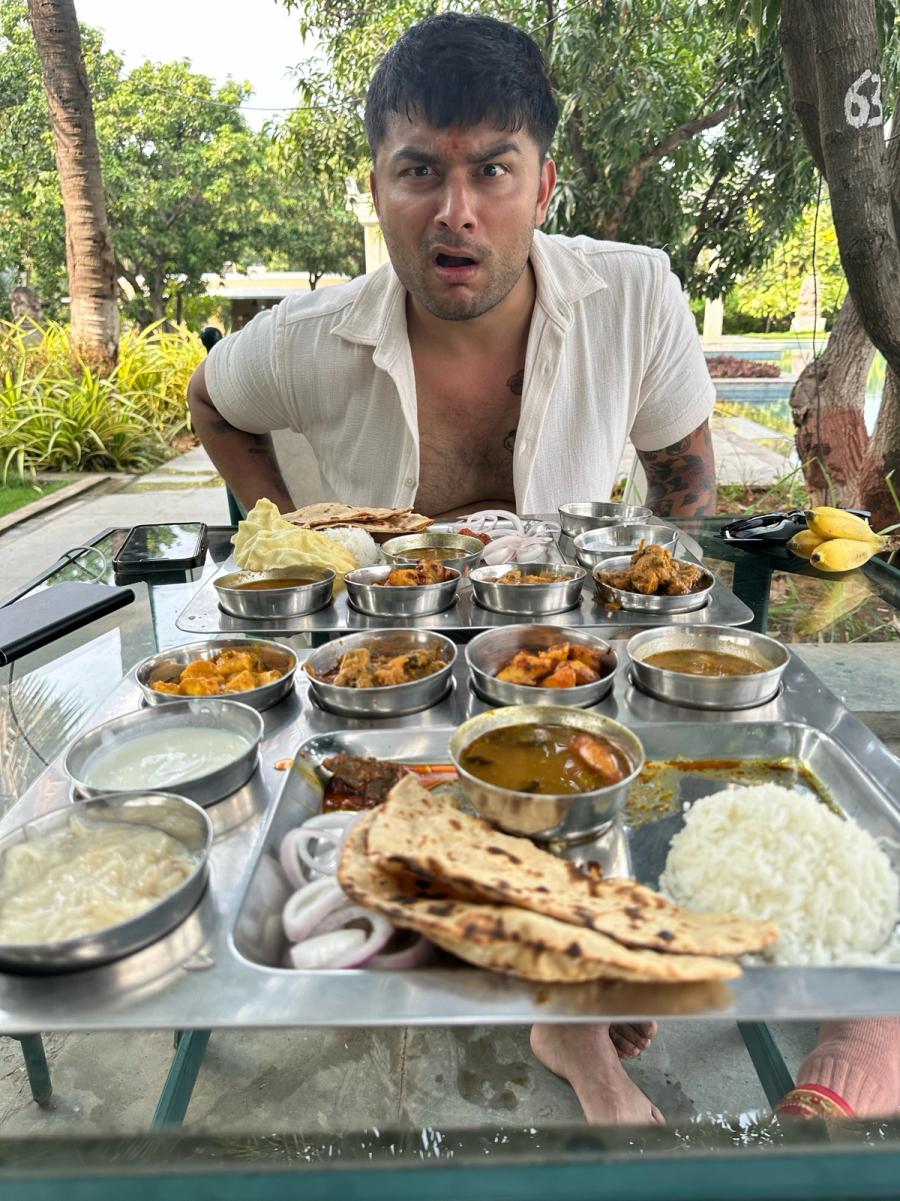 Alex eats an Indian thali for lunch at Heritage Resort Hampi in Hampi, Karnataka, India.