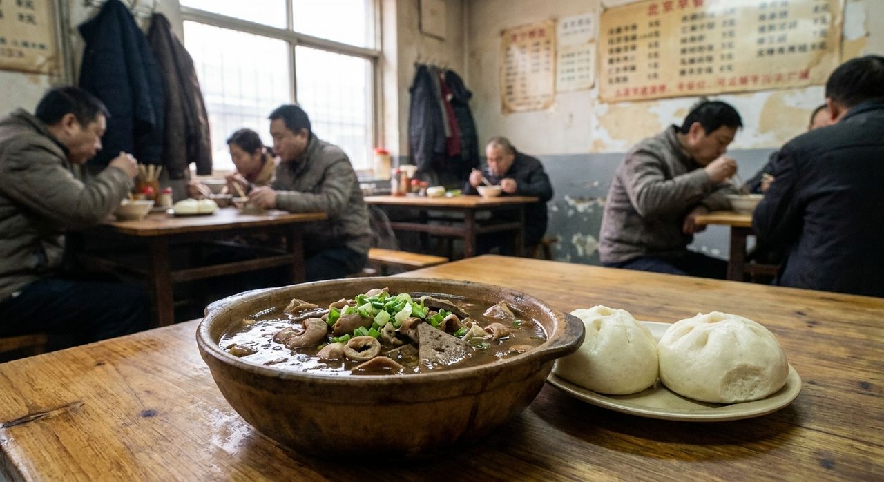 Bowl of garlicky chaogan stew with steamed buns on the side