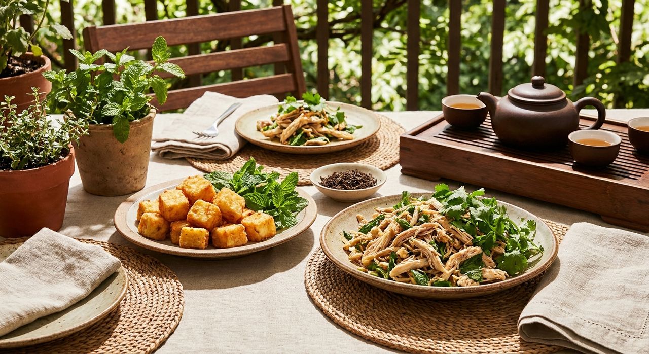Yunnan dishes of fried goat cheese and wild-herb chicken on a leafy terrace