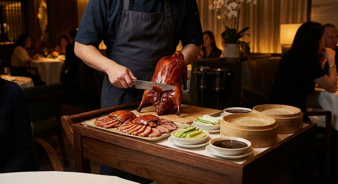 Lacquered Peking roast duck carved into fans of crisp skin and meat