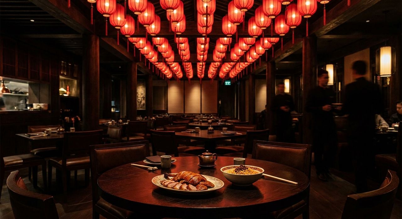 Dining room glowing beneath a canopy of red lanterns with wood-fired duck