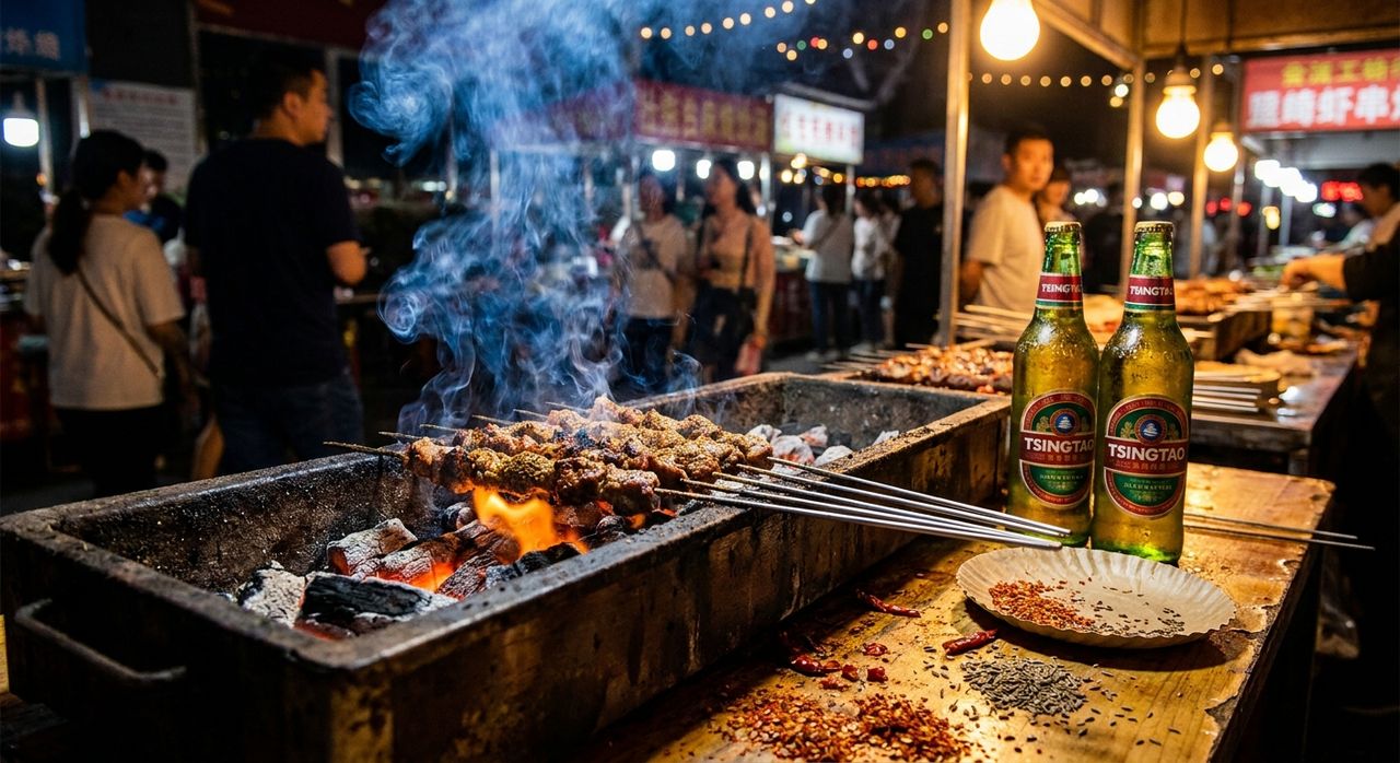 Cumin-dusted lamb skewers grilling over glowing charcoal at night
