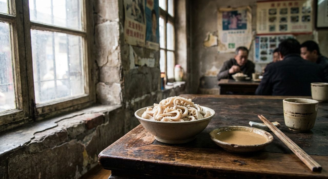 Bowl of quick-scalded Beijing tripe with a dish of sesame dipping sauce