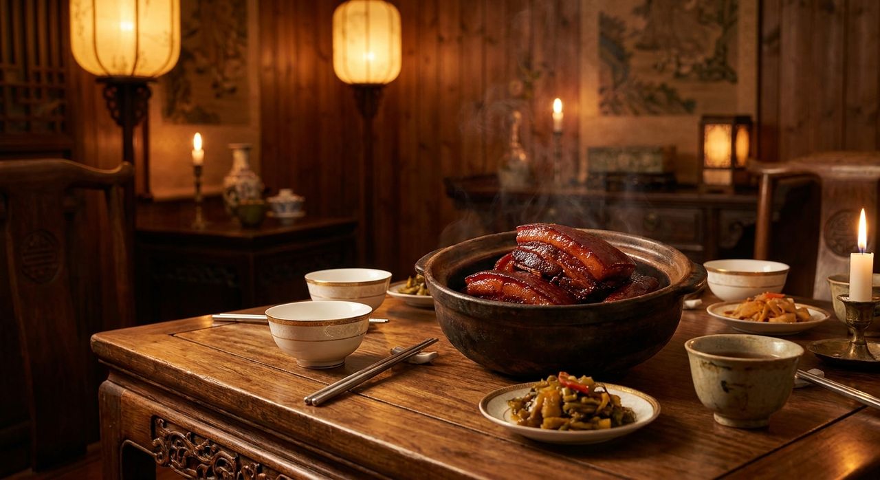 Braised pork in a dark earthen pot in a lantern-lit imperial dining room