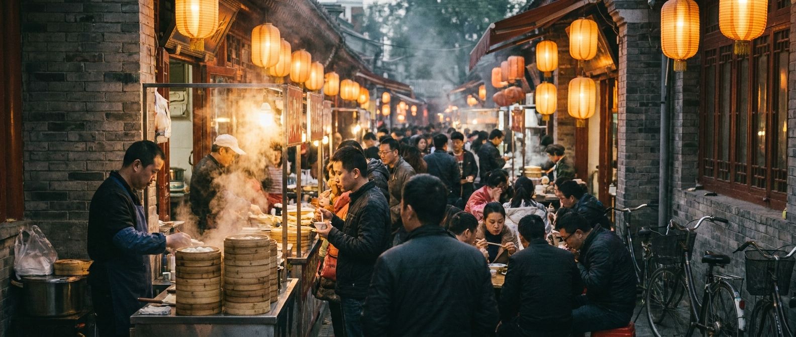 Beijing hutong street food scene at dusk under warm lantern light