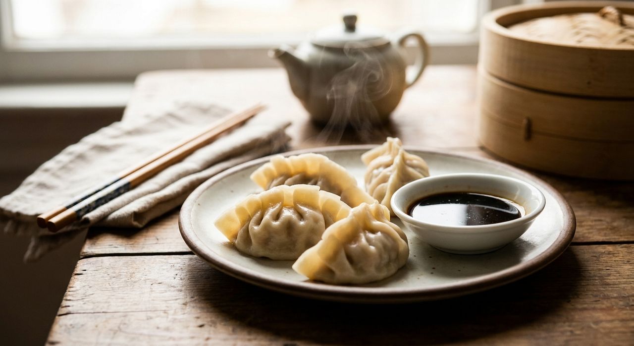 Plate of freshly pleated dumplings with a dish of black vinegar