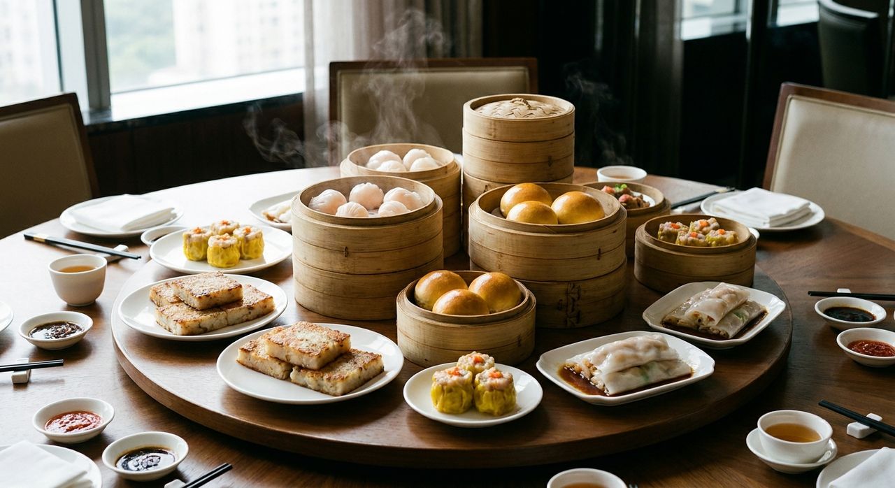 Spread of dim sum in bamboo steamers including har gow and custard buns
