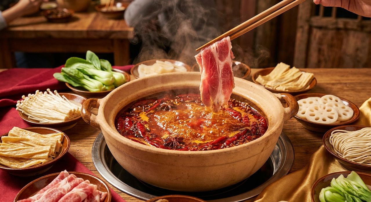 Bubbling red Sichuan mala hot pot with sliced lamb being lowered in