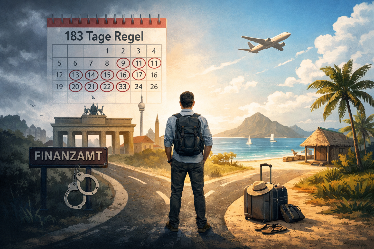 Illustration eines Mannes an einer Weggabelung zwischen Deutschland und einem tropischen Strand, mit Kalender „183 Tage Regel“ und Finanzamt-Schild – symbolisiert die Entscheidung zwischen Steuerpflicht und Auswanderung.