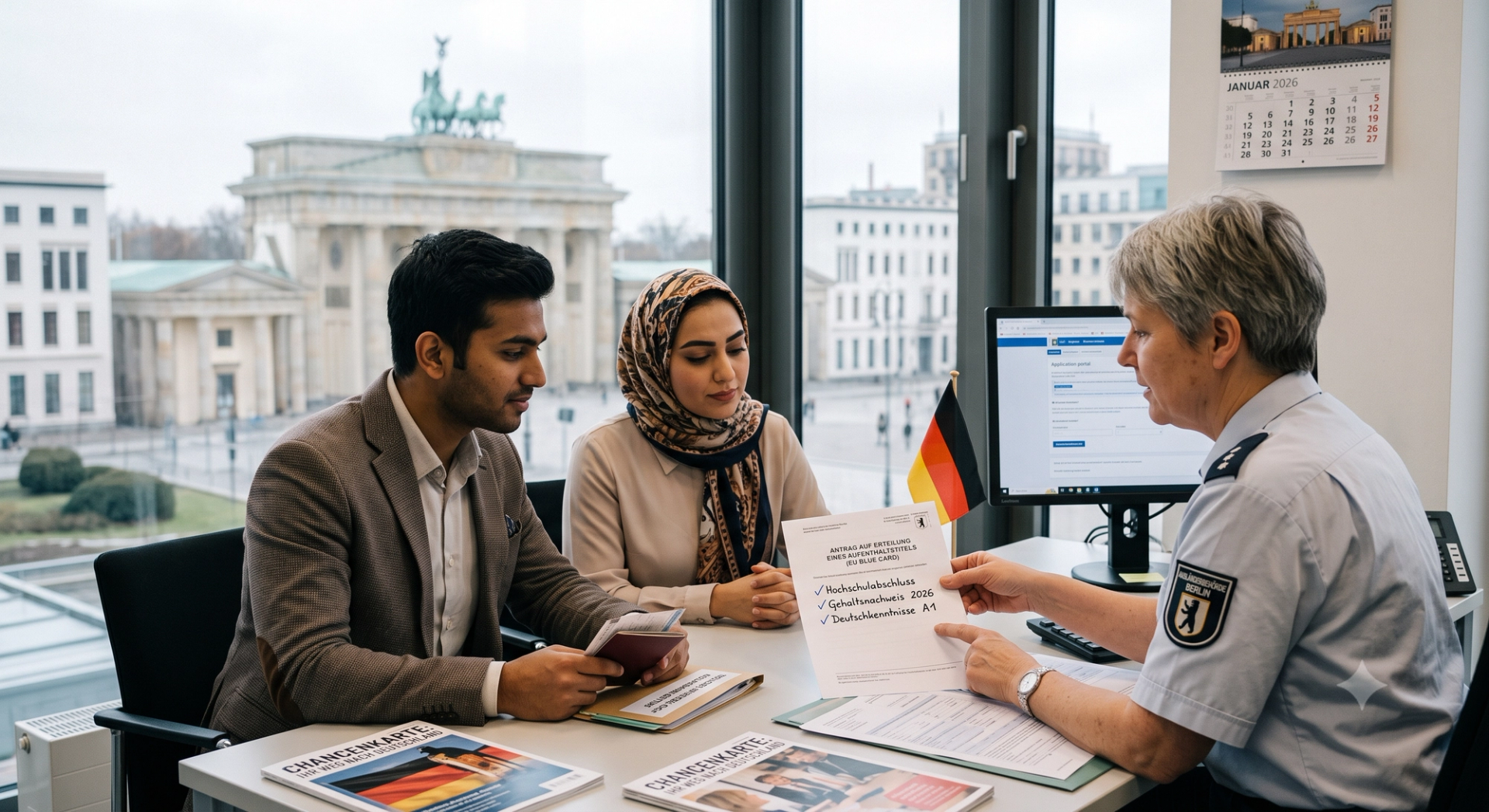 Ein fotorealistisches Bild eines jungen internationalen Paares, das an einem Schreibtisch gegenüber einer uniformierten deutschen Einwanderungsbeamtin sitzt. Die Beamtin zeigt auf ein Dokument mit der Überschrift „Blaue Karte EU“ und Häkchen für Studienabschluss, Gehalt und Sprachanforderungen. Auf dem Schreibtisch liegen Broschüren für die „Chancenkarte“. Durch ein großes Fenster im Hintergrund ist das Brandenburger Tor in Berlin deutlich sichtbar.