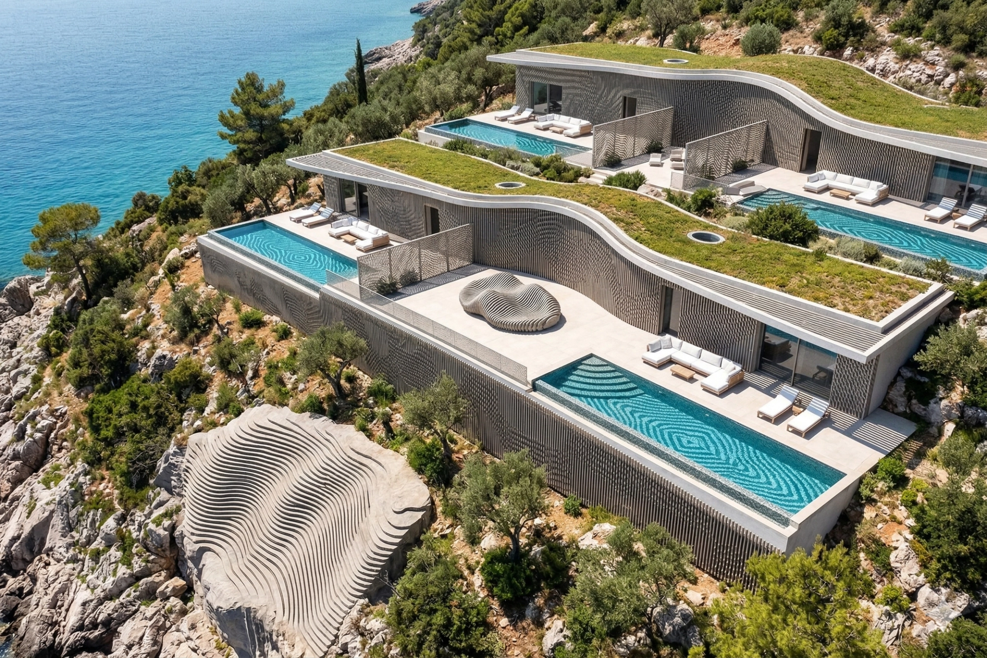Aerial view of a luxury hillside residential complex with modern white villas built on a steep green slope overlooking a tropical bay with turquoise water and yachts. The buildings feature flat roofs, large glass windows, and private infinity pools on terraces. A steep, winding concrete road runs through the complex with a scooter rider driving uphill and a car parked in a garage