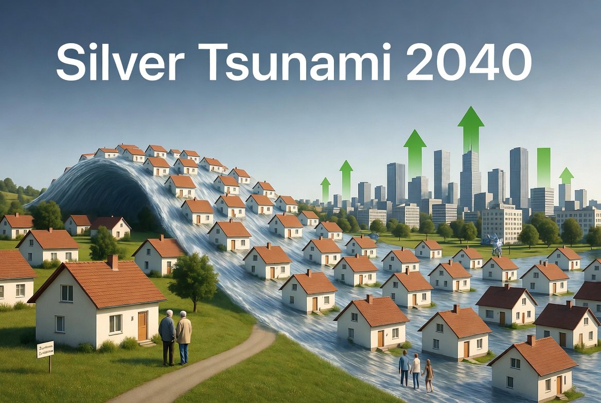 Silver Tsunami 2040: Ilustración tranquila y simbólica de una suave corriente de casas de los años 70 que fluye desde un típico pueblo de Alemania Oriental (Sajonia/Turingia), con una pareja de edad avanzada, hacia una ciudad moderna, representada con flechas verdes ascendentes y familias jóvenes. Visualización del cambio demográfico en el mercado inmobiliario alemán.