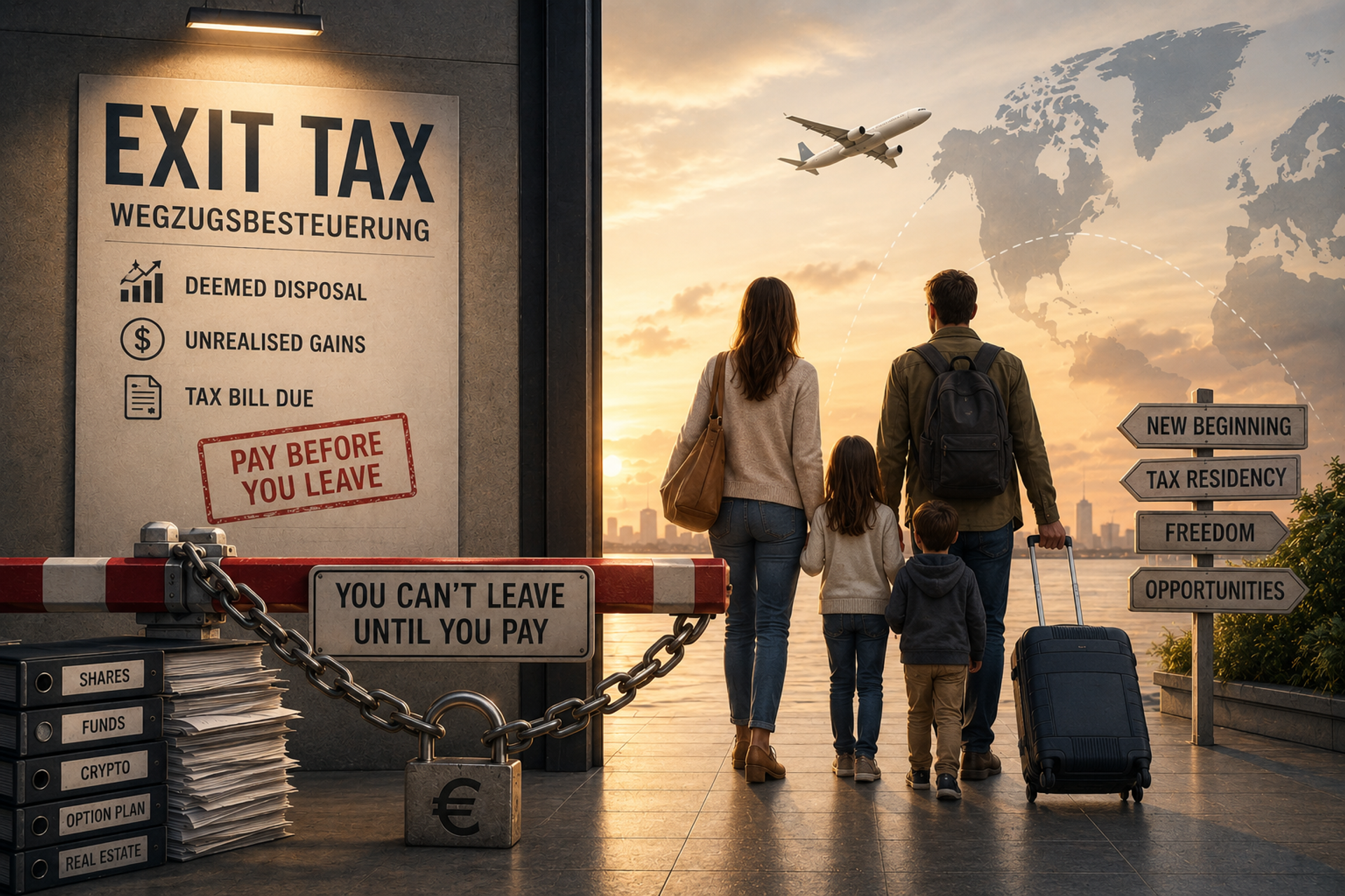 Illustration of a family with luggage walking toward an international destination while passing an "Exit Tax" checkpoint, symbolizing the financial and tax implications of relocating to another country.
