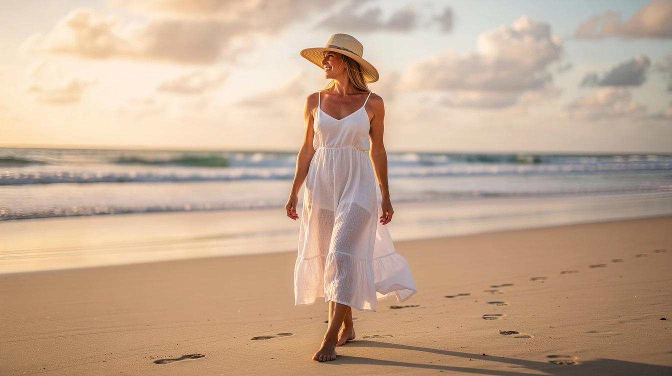Woman confidently walking on beach in summer attire