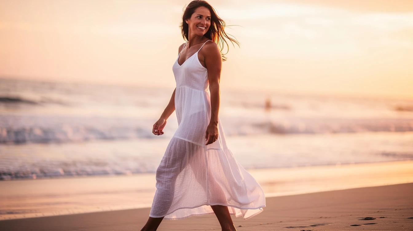 Confident woman in summer clothing walking on beach at sunset