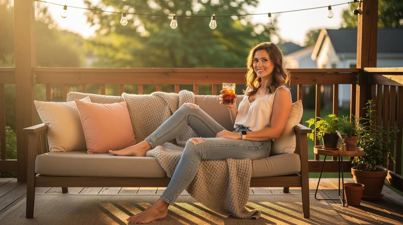 Young woman sitting on a cozy back porch at golden hour with a glass of sweet tea, string lights and blush-colored pillows