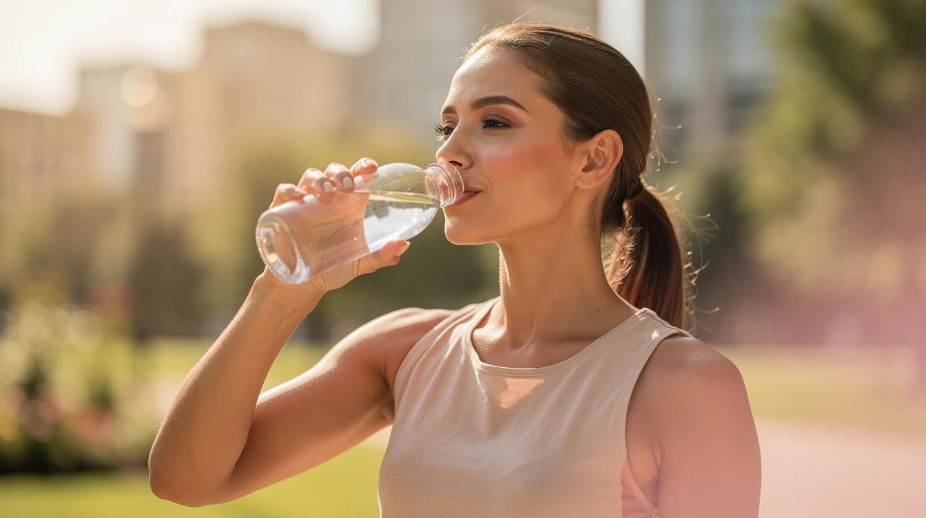 Confident woman drinking water outdoors on a bright summer day
