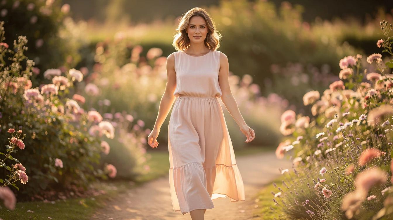 Confident woman in summer dress walking outdoors in warm morning sunlight