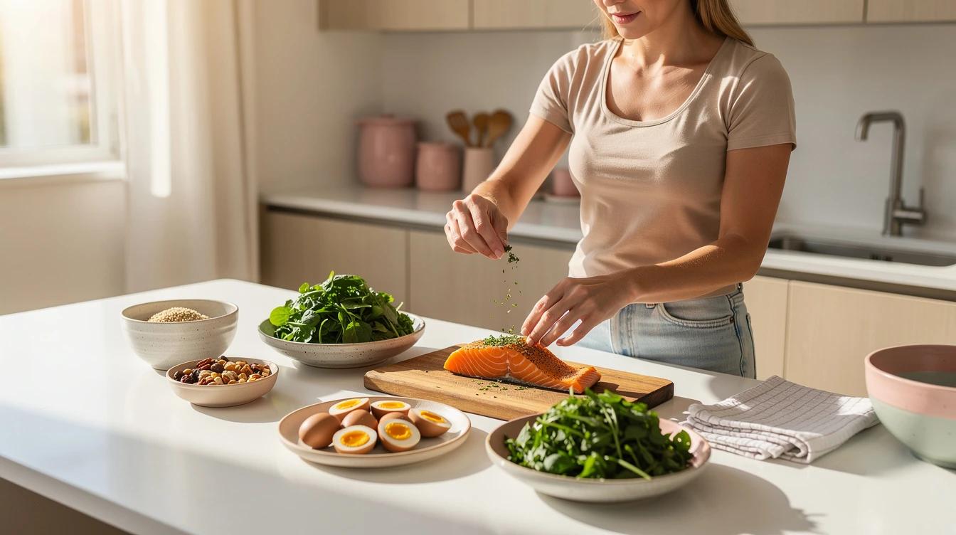 Woman preparing a protein-rich, colorful meal in a sunlit kitchen