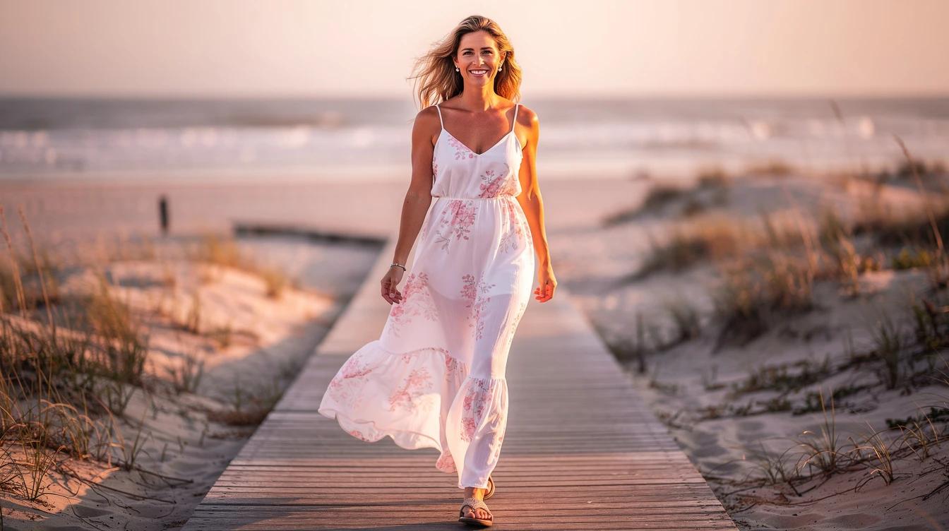 Woman in summer dress walking confidently on beach boardwalk