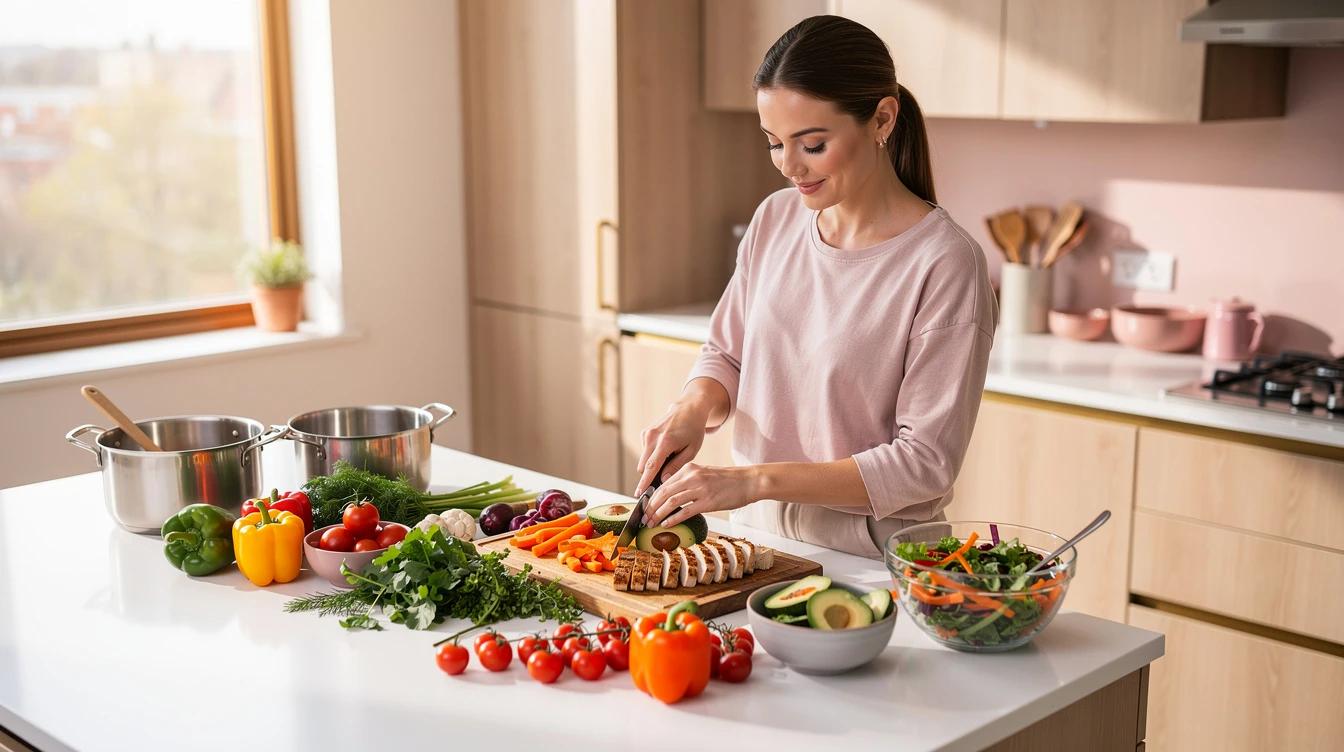 Woman preparing a healthy protein-rich meal in a bright kitchen