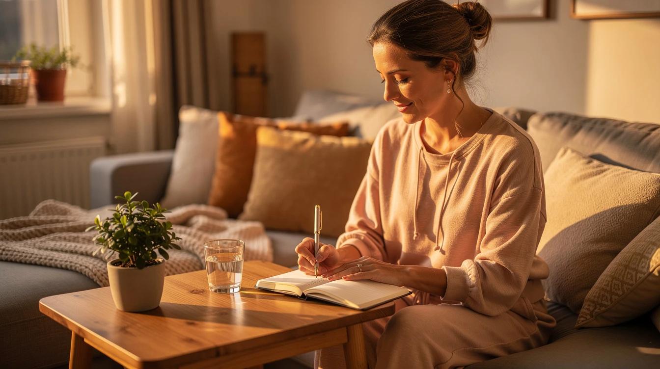 Woman in her late thirties preparing a wellness routine at home with journal and water glass in warm evening light