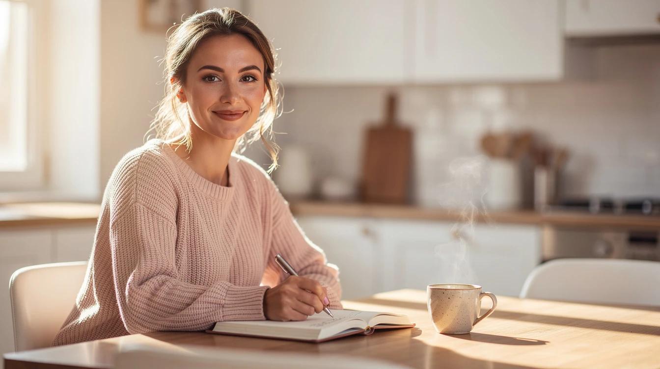 Confident woman in her thirties journaling at a sunlit kitchen table with a cup of tea